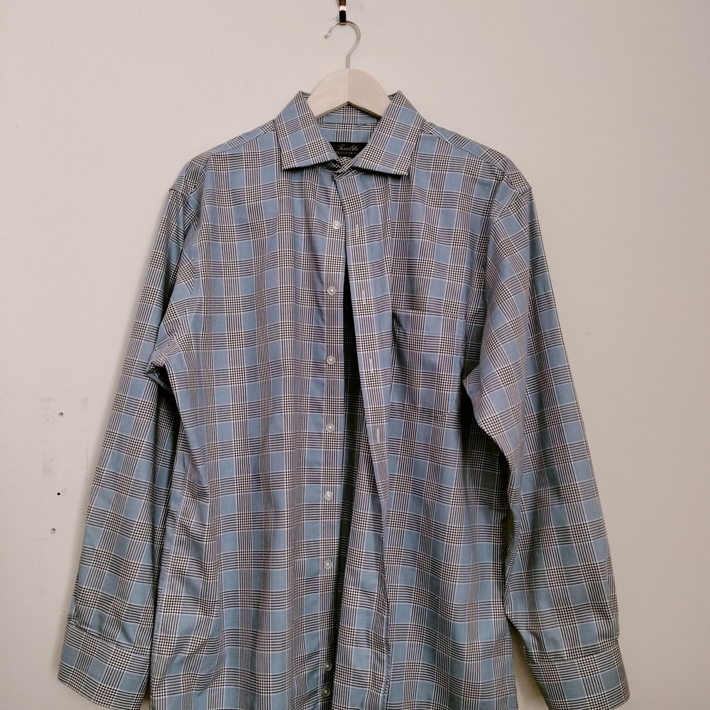 Tasso Elba Blue and White Plaid Button Down Shirt